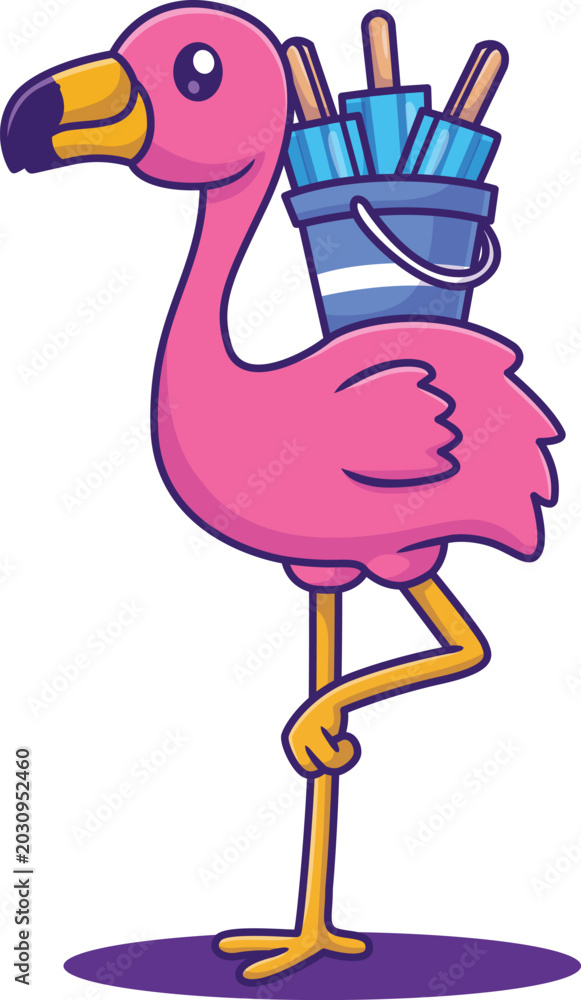 Naklejka premium Cute flamingo carrying a bucket of popsicles