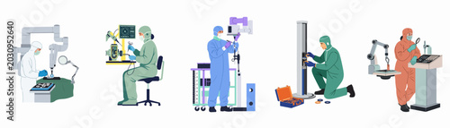 Canvastavla Vector illustration set of engineers and technicians working with advanced robotic equipment in a cleanroom environment for microelectronics and high-tech manufacturing