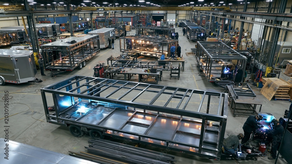 Fototapeta premium Medium angle capturing workers constructing utility trailers showcasing precision welding and structural framework in a bright organized fabrication area.