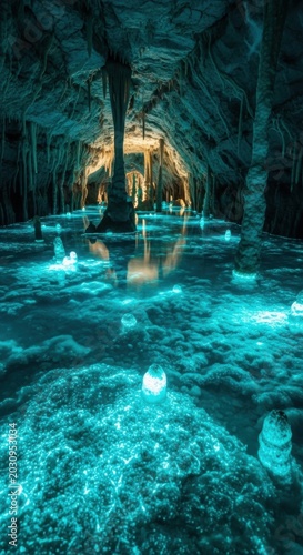 Glowing blue cave, bioluminescent water, dark rocky formations, natural wonder
