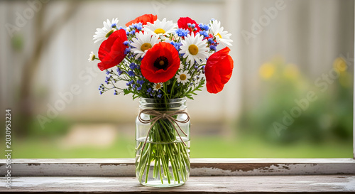 Patriotic bouquet of poppies daisies and blue flowers in a mason jar
