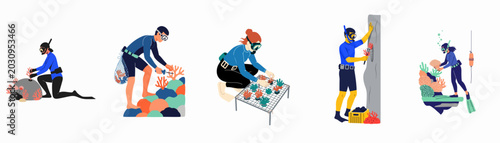 Canvastavla Set of illustrations showing scuba divers performing coral reef restoration and conservation activities underwater in a flat design style