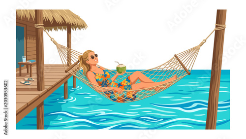 Принти на полотні Tropical Relaxation: A woman in a floral swimsuit reclines in a hammock suspended over crystal-clear turquoise water, holding a coconut drink and enjoying a serene vacation in a tropical paradise