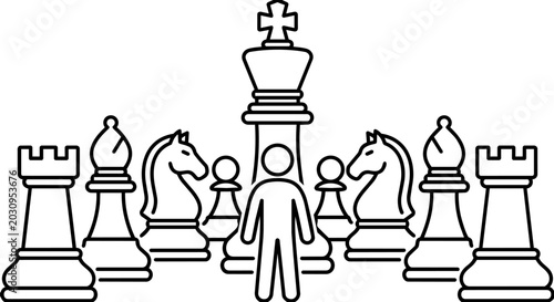 Photos Minimalist stick figure leader with complete chess pieces lineup strategy line a