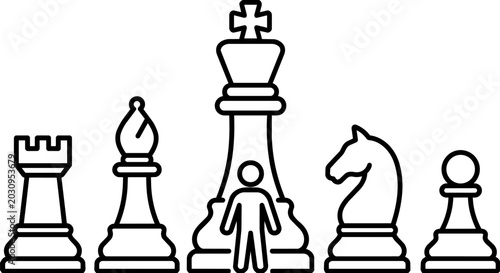 Photos Minimalist stick figure leader standing with diverse chess pieces lineup line ar