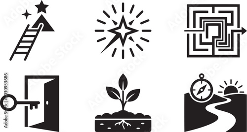 Tableau sur toile Business solution and career development solid icons set, abstract growth strate