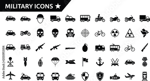 Photos Large set of military and tactical warfare icons featuring vehicles weapons equi