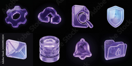 Set of 3D icon isolated on black background. Transparent Liquid Glass icon 3D rendering