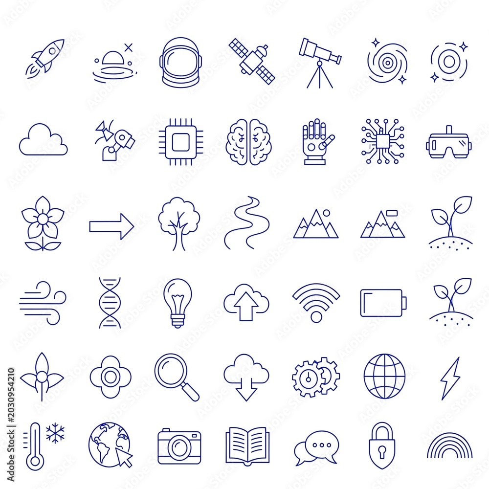 Fototapeta premium Blue Line Technology and Science Icons Set – Space, AI, Nature, Innovation Symbols