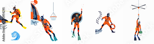 Bild auf Leinwand Set of illustrations depicting professional sea rescue divers performing emergency missions and operations in different scenarios, including helicopter and boat rescues