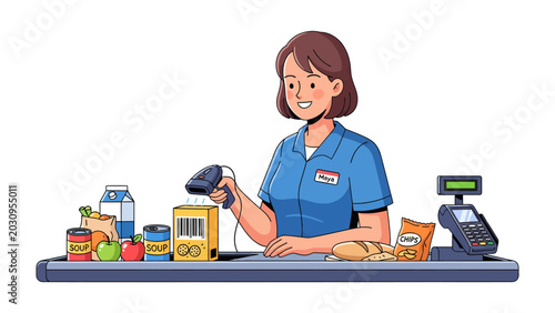 Photos Grocery Store Checkout: A friendly cashier scans items at a supermarket checkout counter, surrounded by a variety of groceries