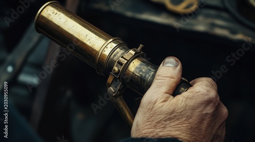Old weathered hand holds a vintage brass telescope for navigation.
