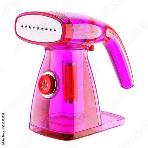 A pink handheld garment steamer with a white plate