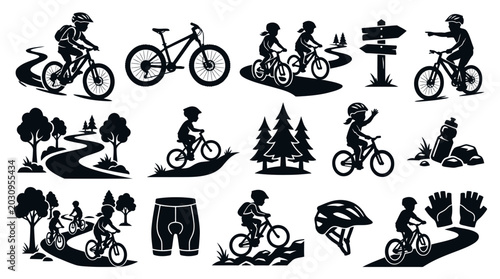 Black and White Silhouette Icons of Mountain Biking Activities and Gear