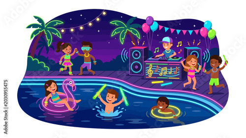 Quadro em tela Pool Party Extravaganza: Children revel in a vibrant nighttime pool party, complete with music, dancing, inflatable toys, and festive decorations, creating an atmosphere of pure summer fun