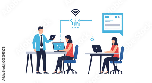 Teamwork with Technology: People working on laptops and tablets, connected by Wi-Fi