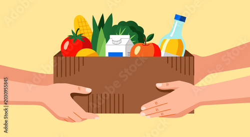 Konstfotografi Hands passing a grocery box filled with fresh produce, dairy, and oil, signifyin