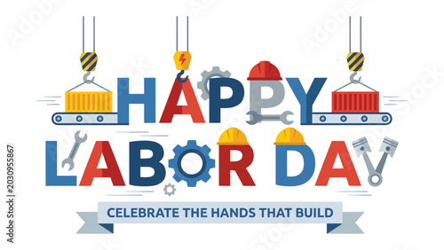 Fotografie Happy Labor Day Graphic: A vibrant graphic illustration celebrating Labor Day, featuring industrial elements like cranes, conveyor belts, and tools