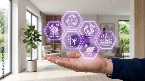 Hand Presenting Glowing smart Home Hexagon Hologram Representing Green Property Innovation