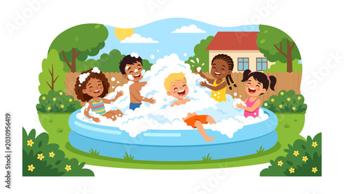 Tableau sur toile Children's Frolic in Foamy Pool: A group of joyful, diverse children gleefully splash and play in an inflatable pool filled with frothy bubbles and foam
