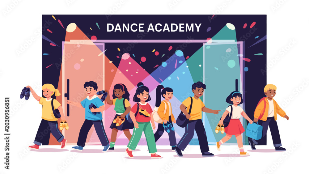 Obraz premium Dance Academy Students: A group of cheerful children, diverse in appearance, exit a vibrant dance academy entrance, carrying their dance gear and smiling, ready for their next adventure.