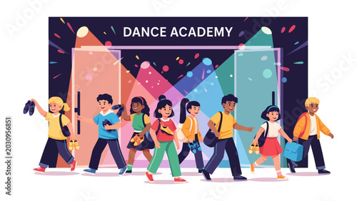 Dance Academy Students: A group of cheerful children, diverse in appearance, exit a vibrant dance academy entrance, carrying their dance gear and smiling, ready for their next adventure.