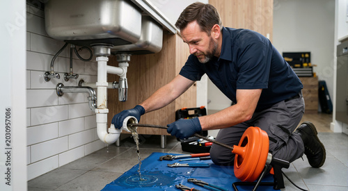 Male plumber removing blockage from kitchen sink pipe. Professional worker using drain snake auger on clogged PVC trap with dirty water spilling. Home plumbing repair concept