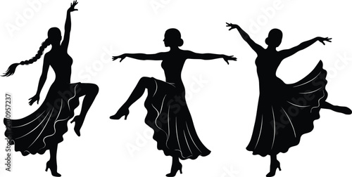 Bild auf Leinwand Black silhouette dancers performing ballet arabesque and pirouette poses black s