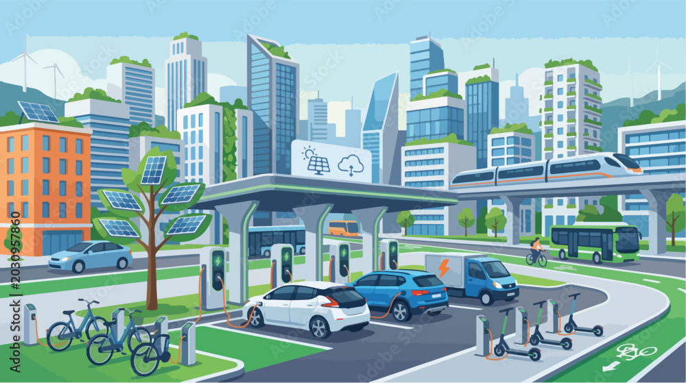 Obraz premium Modern eco friendly city with electric vehicle charging station infrastructure illustration