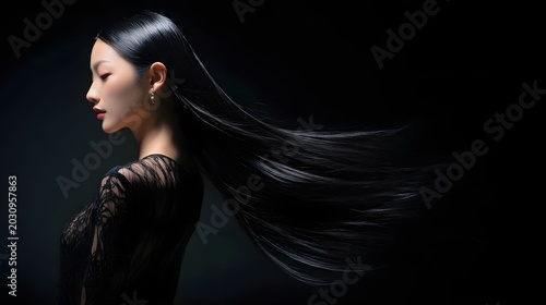 Stunning Black Hair A Woman's Profile with Flowing, Shiny Tresses Against a Dark Background