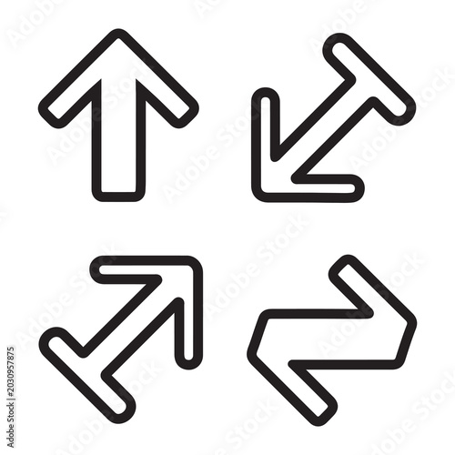 Collection of four distinct arrow signs displaying vertical and diagonal movement paths on white background. Useful for signage, navigation, web elements, or instructional graphics.