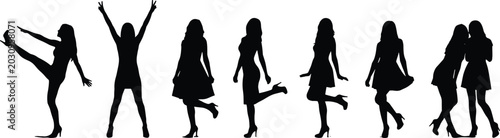 Foto Black silhouette dancers performing various dance moves on white background blac