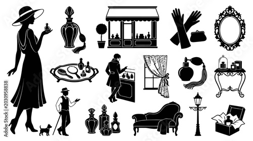 Luxury Beauty  Fashion Industry: Vintage Perfume, Elegant Accessories Silhouette Glyphs Vector Set
