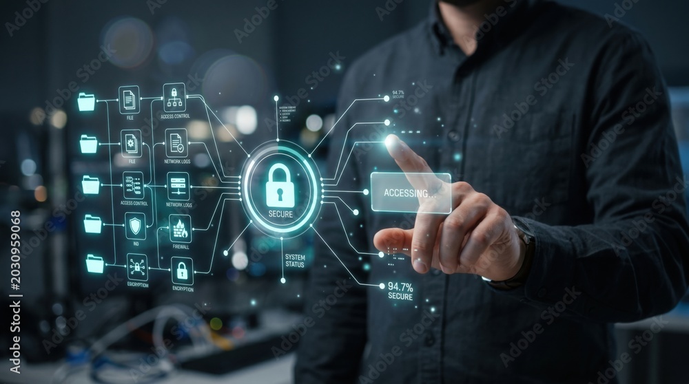 Fototapeta premium A person's hand touches a glowing digital interface displaying a padlock icon and various data protection symbols, representing cybersecurity and data privacy.