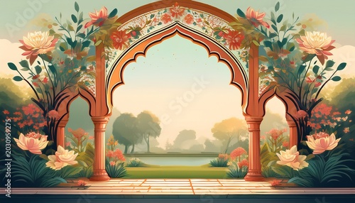 llustration of a traditional mughal arch garden wedding invitation frame