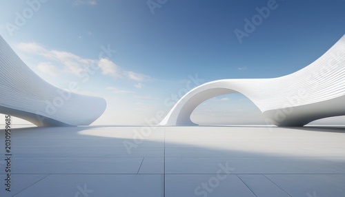 3d render of a modern abstract geometric shapes futuristic architecture with a car park and empty concrete floor on a blue sky background modern white abstract for product presentation or display