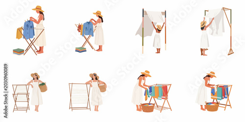 Foto Set of flat illustrations showing a woman in a white dress and sun hat hanging laundry on various drying racks and clotheslines