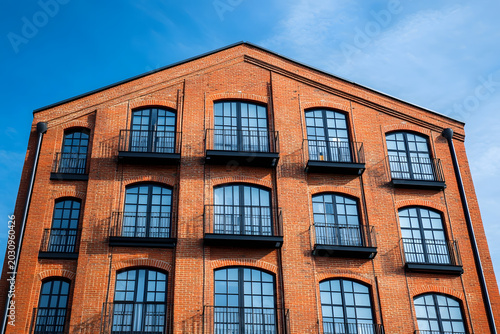 Restored Industrial Warehouse Exterior of an old red brick warehouse converted into modern apartments with black steel balconies