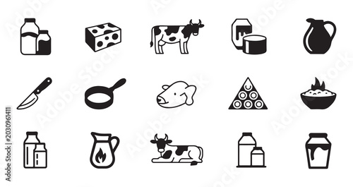 Fotografie Dairy products and farm animal icons set cheese milk bottle cow pitcher and utensils vector illustration