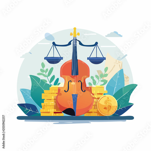 Musical Justice A Balance of Art and Finance Symbolized by a Violin and Scales of Justice Surrounded by Coins