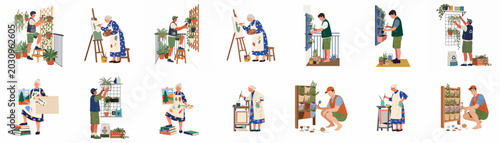 Bild auf Leinwand Vector illustration set featuring people engaged in creative hobbies like urban balcony gardening and painting on canvas in their leisure time