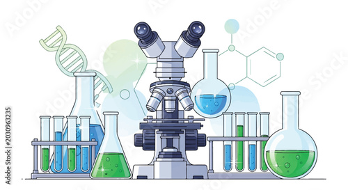Science Laboratory Equipment Vector Concept with Microscope Test Tubes Beakers and DNA Helix