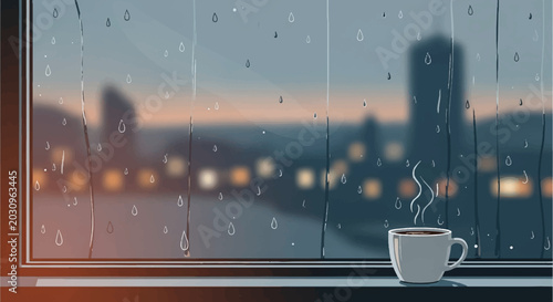 Cozy Rainy Day Window View with Steaming Coffee Mug and Blurred City Lights Vector Illustration