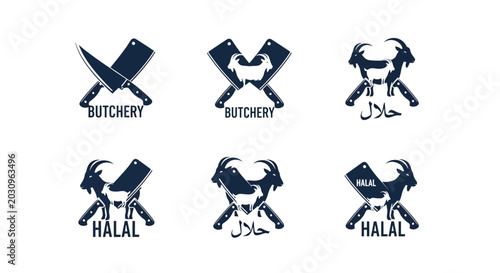 Fotografi Halal butchery logo set with goat head and crossed cleaver knives, vintage butch