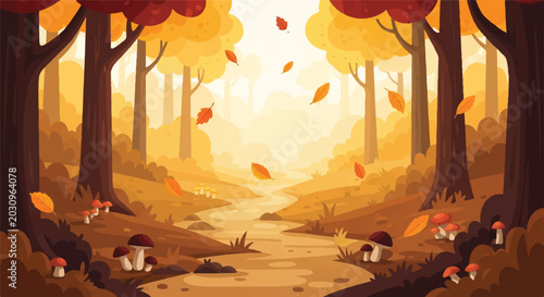 Enchanted Autumn Forest Path Landscape with Falling Golden Leaves and Wild Mushrooms Vector Illustration