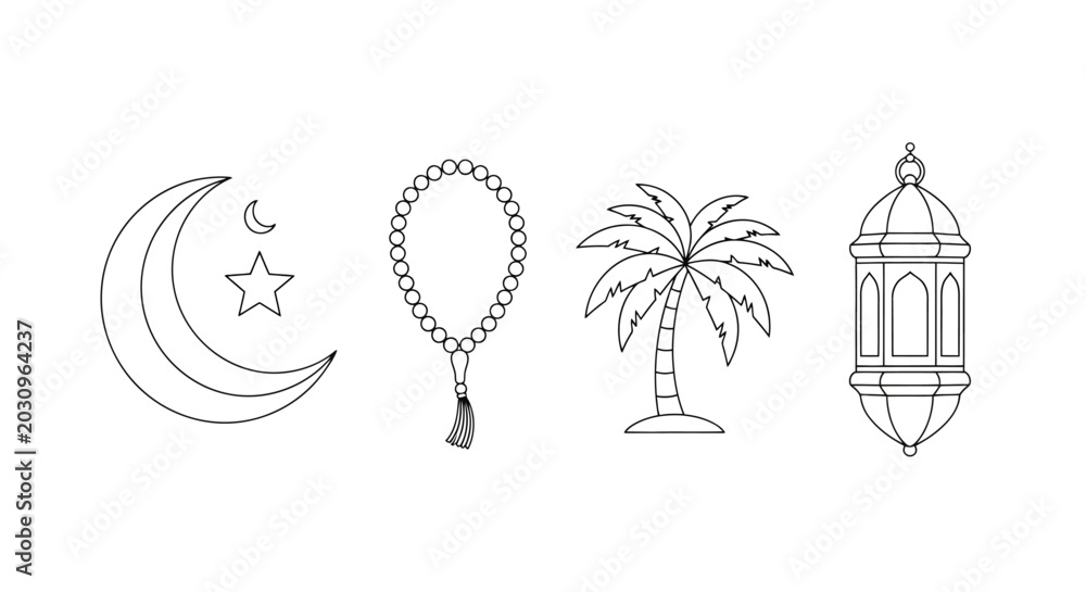 Fototapeta premium Islamic Ramadan line icons set, crescent moon and star with prayer beads, palm tree and traditional lantern vector, minimalist religious symbols for Eid
