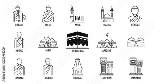 Bild auf Leinwand Islamic Hajj pilgrimage line icon set, 15 religious icons for Umrah and Mecca ri