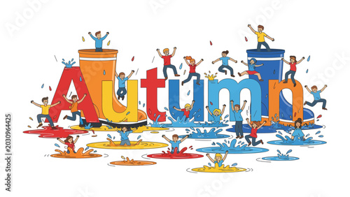 Canvas-taulu Autumn Fun: Children gleefully jump and splash in puddles, celebrating the arrival of autumn with oversized colorful boots and vibrant lettering spelling out the season's name