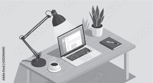 Isometric Vector Illustration of a Modern Home Office Workspace Desk with Laptop and Desk Lamp