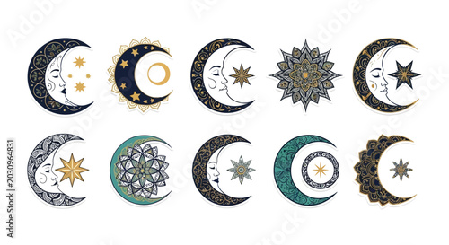 Quadro su tela Celestial crescent moon and sun collection, 10 mystical moon face vector icons,